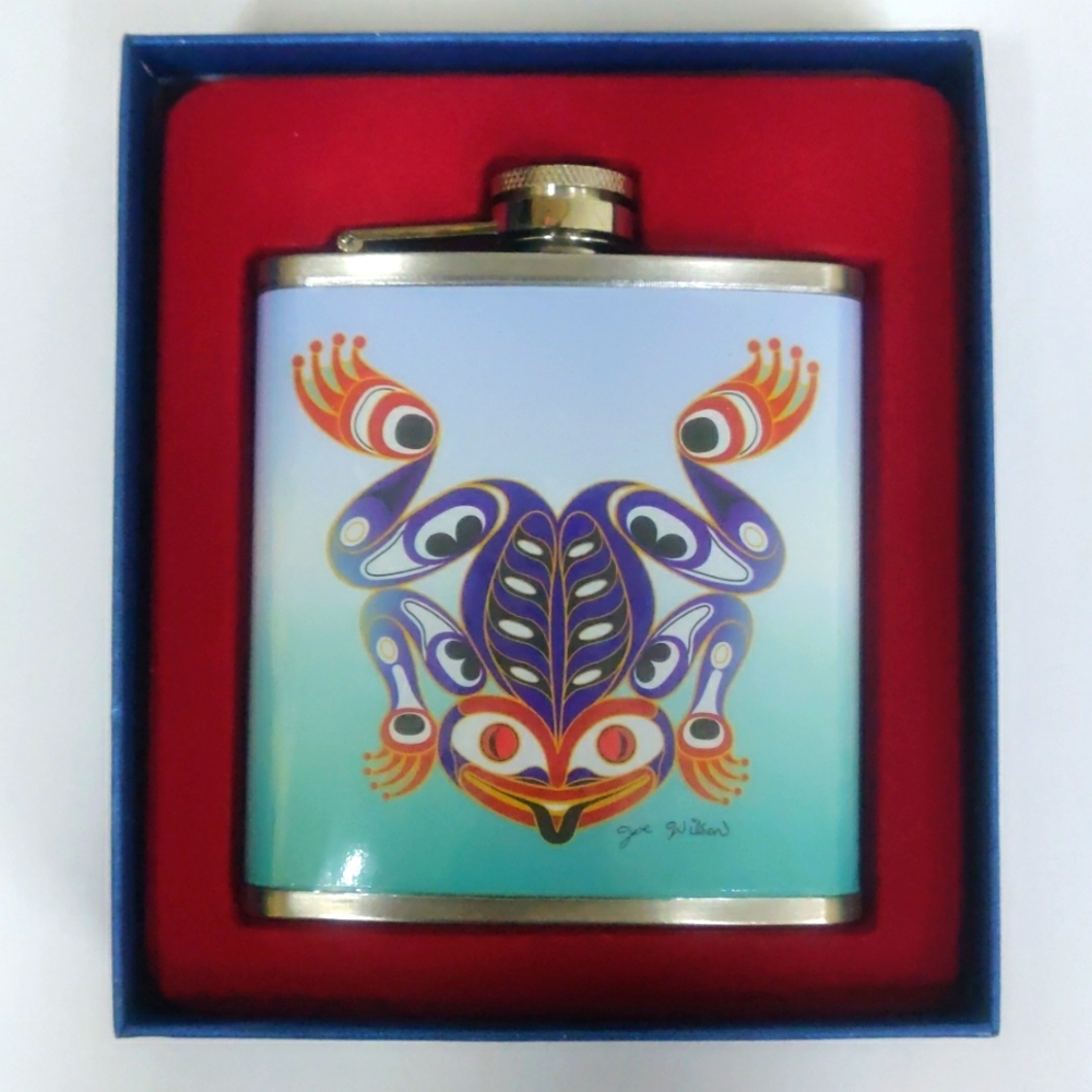 Frog Indigenous design by Joe Wilson Hip Flask 6oz Stainless Steel